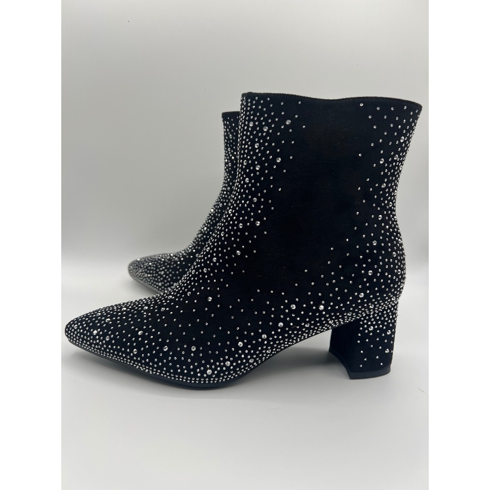 Black Rhinestone Embellished Pointed Toe Block Heel Ankle Boots Womens 11